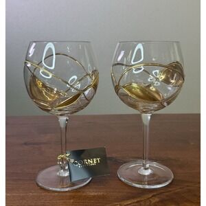 HTF Cornet Barcelona Trinity Painted Art Glass Goblet Wine Balloon Glasses Set 2
